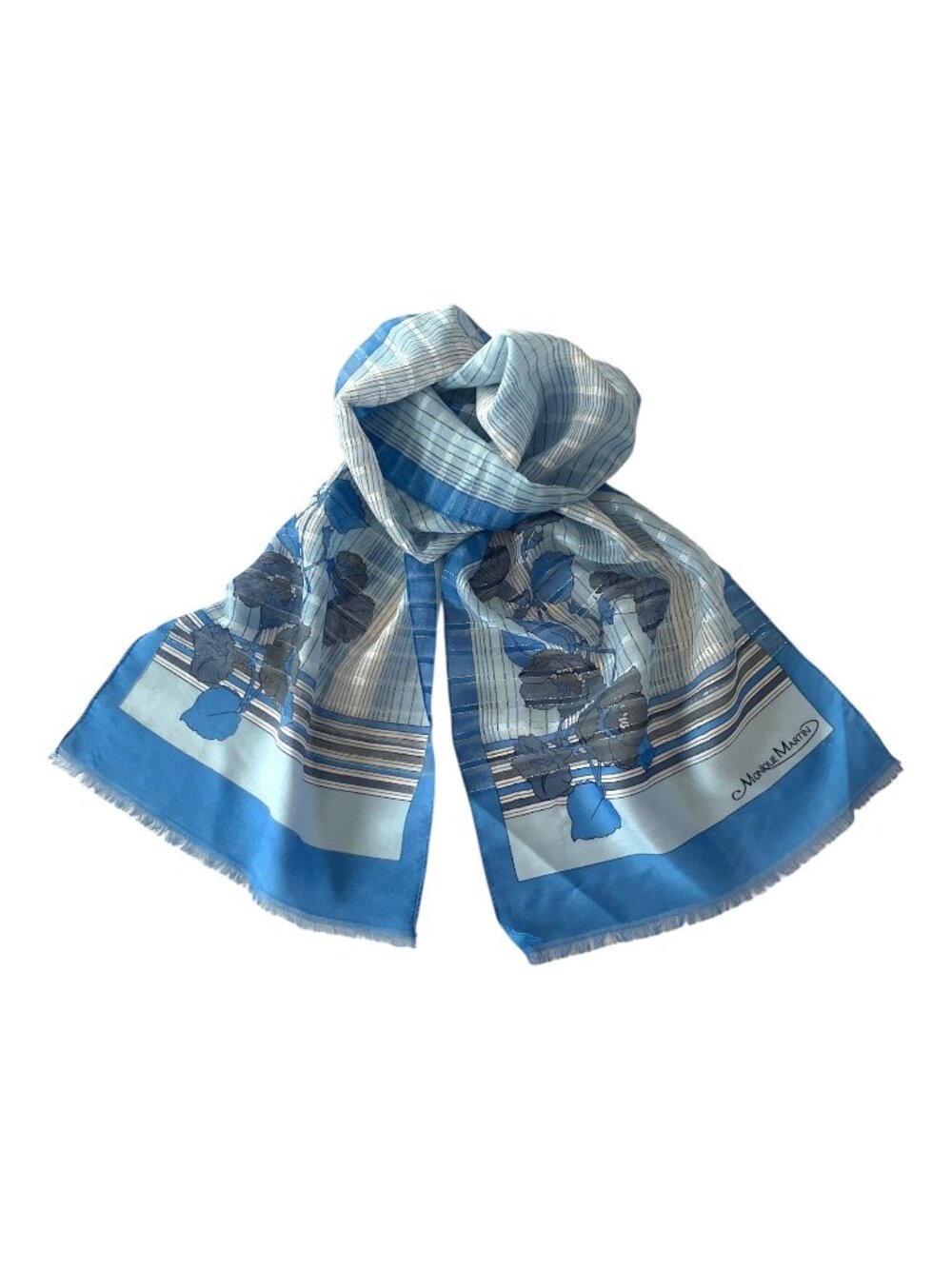 Vintage Monique Martin Blue Floral Plaid Scarf Metallic Stripe Fringe 52x11